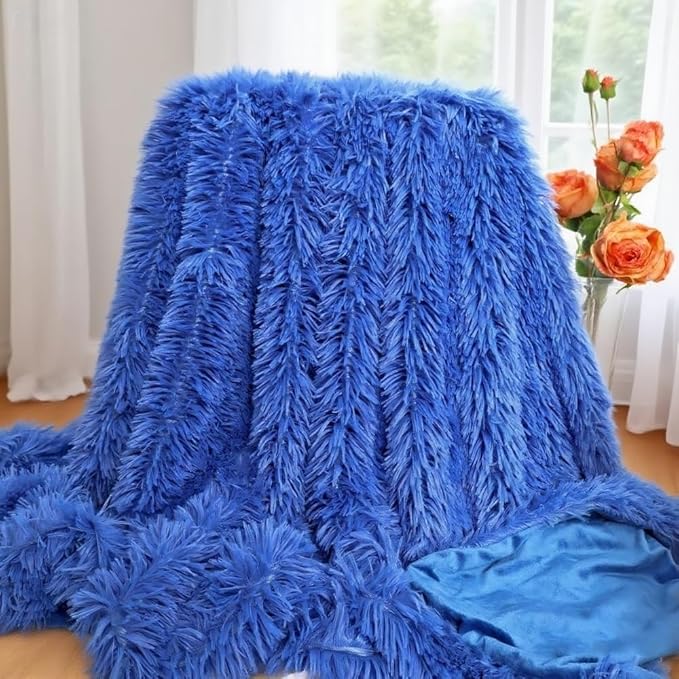 Plush Super Soft Blanket Bedding Sofa Cover Furry Fuzzy Fur Warm Throw Qulit Cozy Couch Blanket for Winter (63x79 Inches,Royal Blue)
