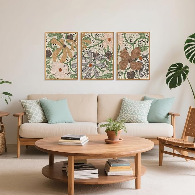 CHDITB Bohemian Floral Framed Canvas Wall Art Set Of 3,Farmhouse Flowers Wall Decor, Nature Botanical Artwork Boho Green Vines Wildflowers Art Prints For Dining Room Bedroom Decor (12X16 Inch)