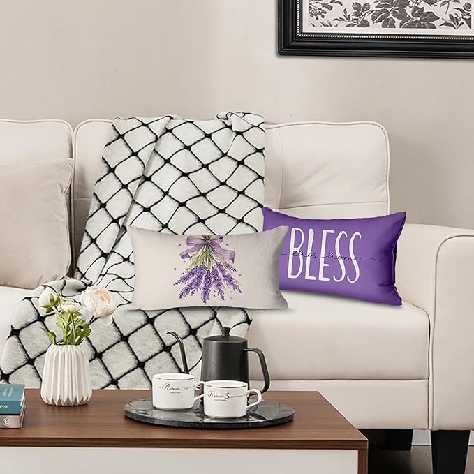 Spring Pillow Covers 12x20 Inch Set of 4 Lavender Home Sweet Home Purple Throw Pillows Decorative Pillow Cases Summer Seasonal Farmhouse Decorations for Sofa Couch