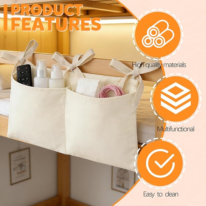 2 Pieces Solid ColorBedside Caddy with 2 Pockets, Bedside Hanging Storage Organizer, Dorm Rooms Bunk Bed Storage Bag for Home Phone Remote Control Key Glasses (Light Tan, White)