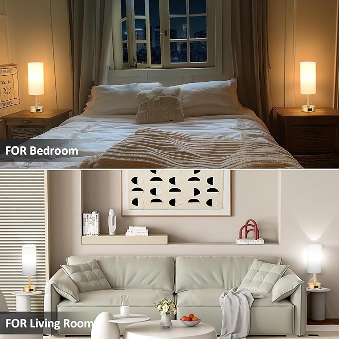 Fenmzee Gold Bedside Table Lamps Set of 2-3 Color Temperatures Pull Chain Lamp with AC Outlet Charging Port, Two Round Night Stand Lamps for Bedroom Office Living Room