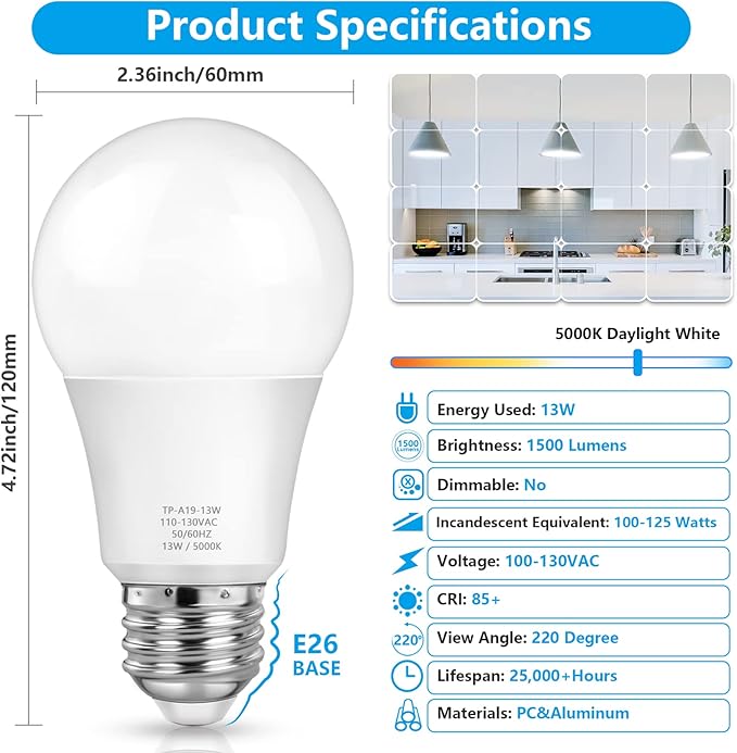 MAXvolador A19 LED Light Bulbs, 100 Watt Equivalent, Daylight White 5000K, 1500LM, E26 Base, Non-Dimmable, 13W Bright White Bulb, 20-Pack