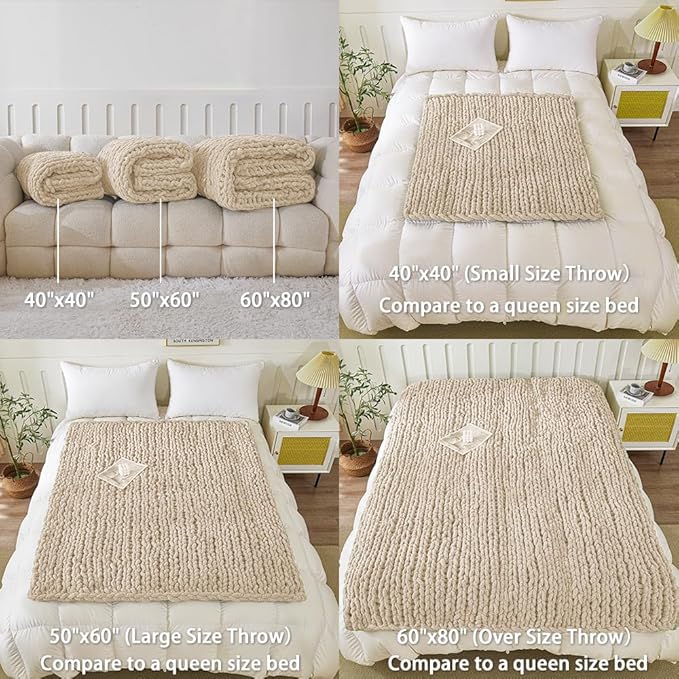 WESHIONGOO Chunky Knit Blanket Throw Knitted Throw Blankets for Couch Bed Fluffy Soft Blanket with Jumbo Chenille Yarn Thick 100% Handmade (Linen, 51"×63")
