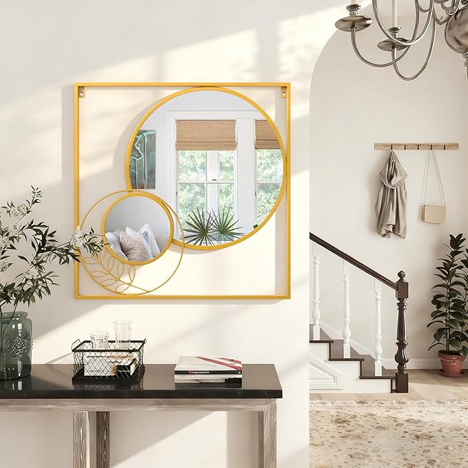 Gold Metal Mirror Set, Square Large Wall Mounted Mirror Golden Modern Artistic Decorative Mirrors for Bedroom Living Room Entryway 30x30 Inch Decor