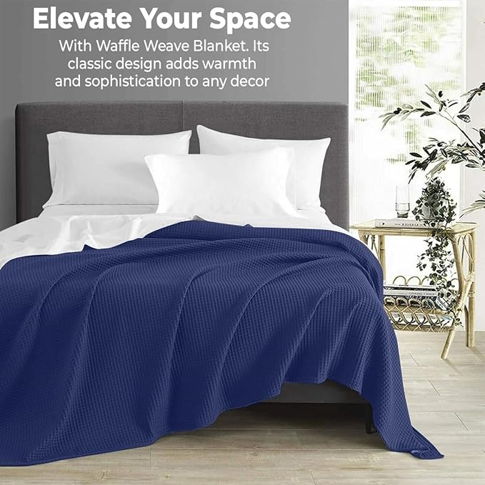 100% Cotton Blankets for Bed - Waffle Weave Blankets for Summer, Lightweight and Breathable Soft Woven Blanket for Spring (Navy, Throw (50" x 60"))