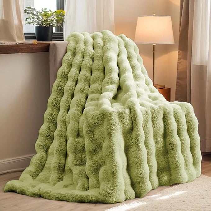 H&D Faux Fur Throw Blanket for Couch,Fluffy Cozy Soft Plush Luxury Thick Fuzzy Fleece Blanket for Couch Bed Sofa Bedroom Living Room,Comfy Bubble Blanket(Sage Green, Throw (50" x 60"))