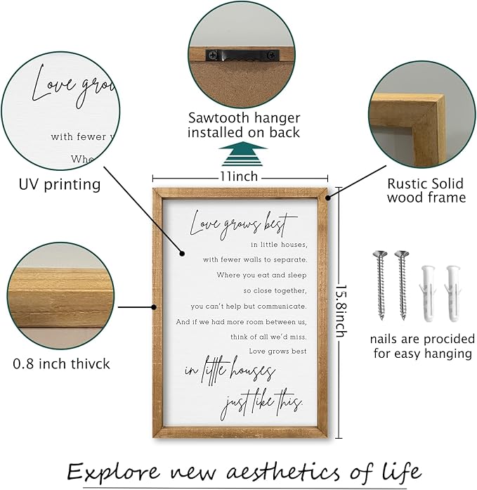 comurdyo Love Grows Best In Iittle Houses Wall Decor 16"×11" Inspirational Love Quote Sign Family Wood Framed Wall Hanging Art (Wood)