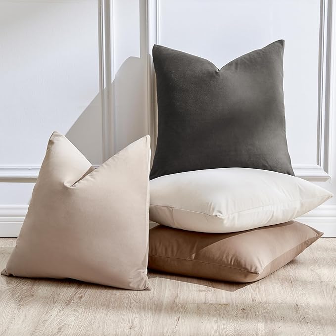 Throw Pillow Covers Set of 4 20x20 Inch Pillow Covers, Soft Velvet Neutral Beige Khaki Grey Pillowcases for Couch Sofa Bed Living Room, Home Boho Decor, Farmhouse Cushion Covers