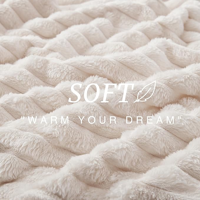 EXQ Home Fleece Blanket Queen Size for Couch or Bed - 3D Stripe Jacquard Decorative Blankets - Cozy Soft Lightweight Fuzzy Flannel Blanket Suitable for All Seasons(90"×90",Beige)