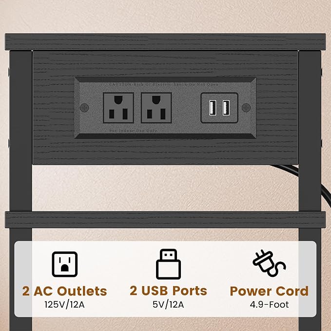 Side Table with Charging Station, Tall End Tables Living Room, 21.7 Inch Skinny Night Stand with Storage, Small Bedside Tables for Bedroom, Office, Dorm, Hallway, Black