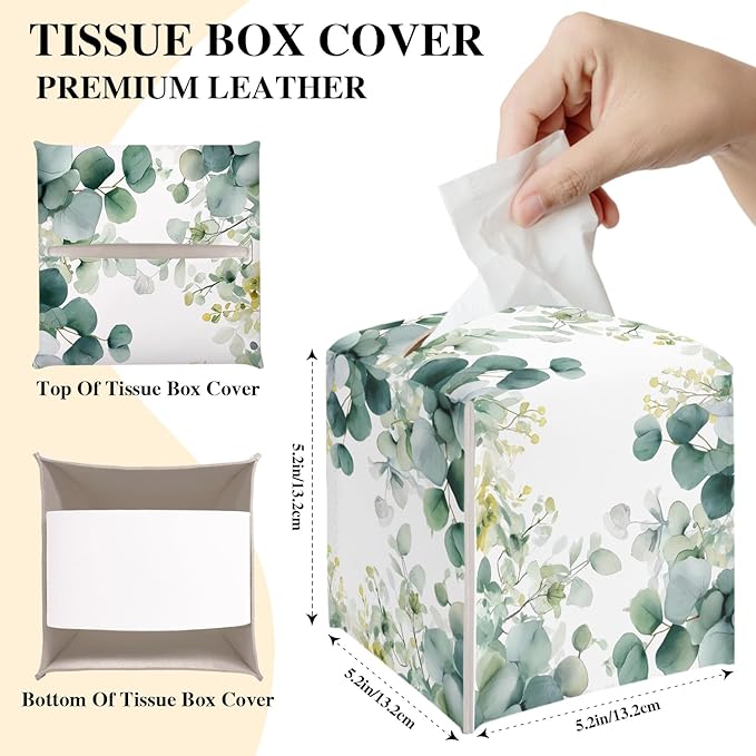 Flowers and Leaves Tissue Box Cover, Watercolor Green Tissue Holder Square with Bottom Belt for Home Bathroom Office Vanity Countertop, Housewarming Gifts Ideas for Women Friends Mom Bestie -02