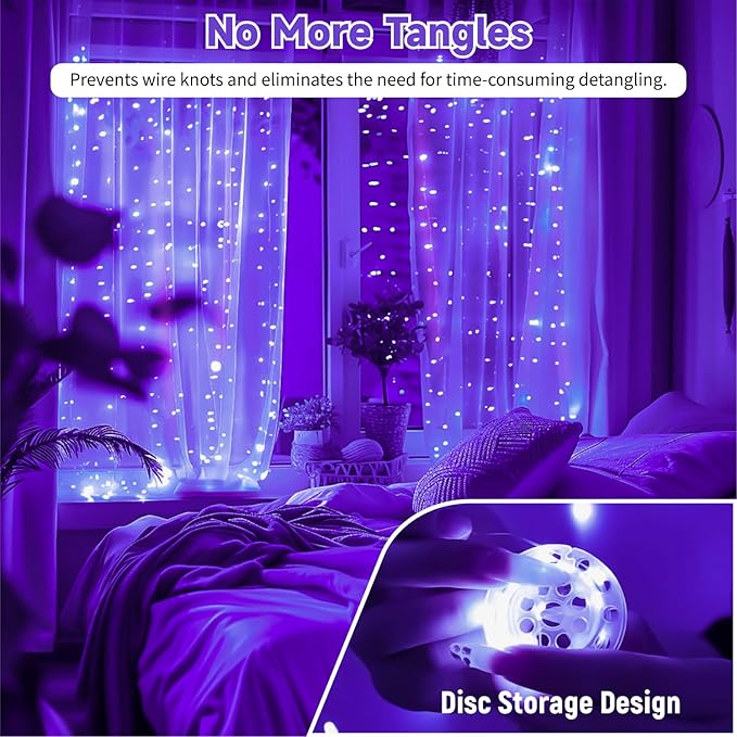 HXWEIYE 300LED Untangled Curtain Lights, 9.8x9.8Ft USB Fairy Twinkle String Lights with Remote and DIY Timer, 8 Modes Window Wall Hanging Light for Bedroom Dorm Backdrop Room Decor, Purple