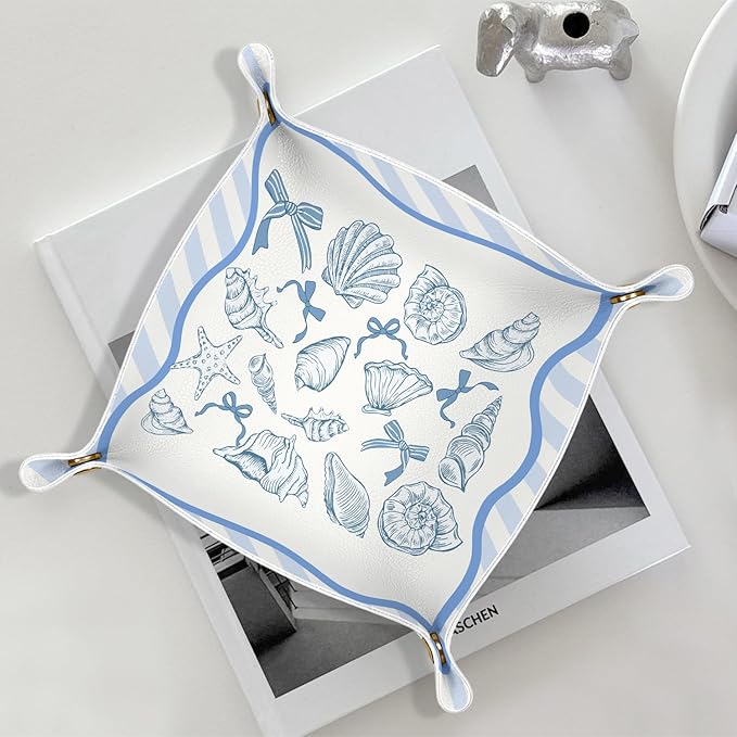 Coastal Beach Coastal Seashell Jewelry Valet Tray for Women, Beach Lovers Gifts PU Leather Catchall Beside Caddy Nightstand Organizer Tray for Jewelry Rings Watches and Accessories,7.87x7.87in