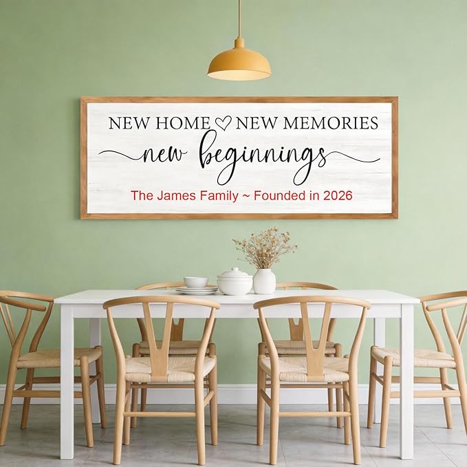 New Home, New Memories, New Beginnings Wall Decor Sign – 32x12 Inch Framed Wooden Sign with Writable Family Name & Year Space, Rustic Farmhouse Housewarming Gift for New Home, Entryway, Living Room, Natural