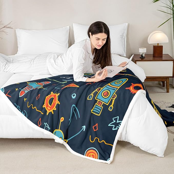 Erosebridal Nursery Robot Sherpa Blanket - Cartoon Rocket Throw for Kids Boys Girls - Gear Machine Science Fuzzy Fleece 40"x50" Blue Orange - Child Sofa Decor