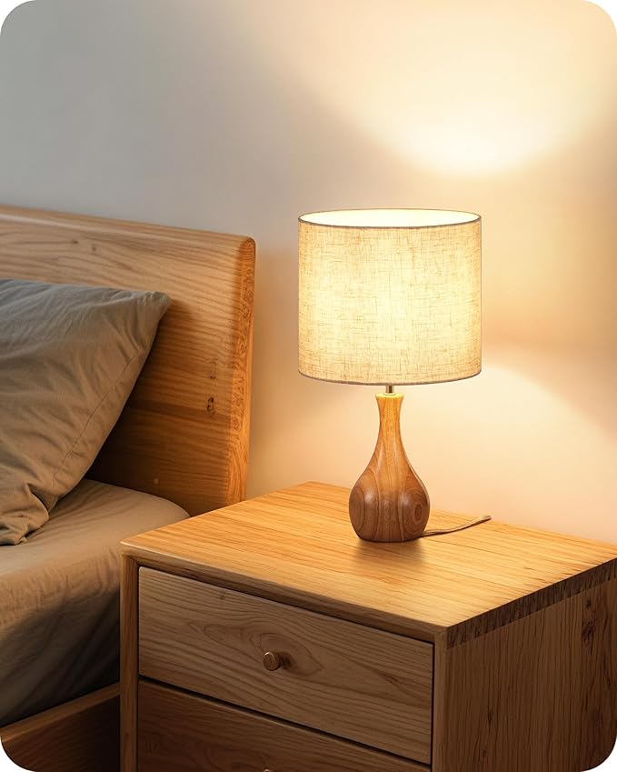 Small Table Lamp, Wood Desk Lamp with Beige Linen Lampshade & Natural Wood Bottle-Shaped Base, Modern Bedside Lamp with Cable, E26 Base, Bulb Not Included, for Bedroom, Kid's Room, ME09TL05