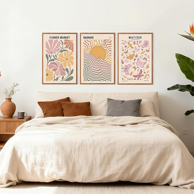 CHDITB Matisse Pink Framed Canvas Wall Art, Abstract Minimalist Wall Decor, Butterfly Floral Print, Sun Bauhaus Painting, Aesthetic Flower Market Artwork For Living Room Bedroom Decor 12"X16"x3