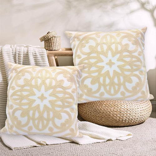 Alysheer Embroidered Decorative Throw Pillow Covers 18"x18" Set of 2 Pieces, Cozy Boho Mandala Knit Pattern, Durable 100% Cotton Canvas，Light Beige Cushion Cases for Sofa Couch Living Room (Ivory)
