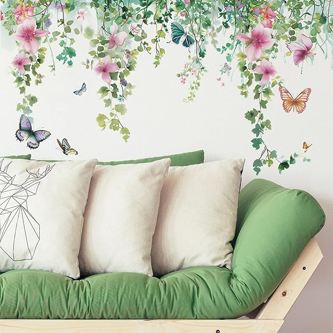 TUOKING Vines Flowers Wall Stickers Removable Butterfly Wall Murals Peel and Stick Wall Art Decal Home Decor for Kitchen,Bedroom,Living Room(fun-c20)