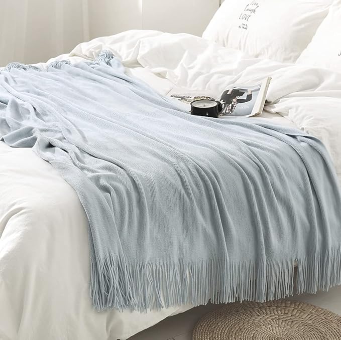 Homiest Decorative Knitted Throw Blanket with Fringe Soft & Cozy Tassel Blanket for Couch Sofa Bed (Baby Blue,50x60)