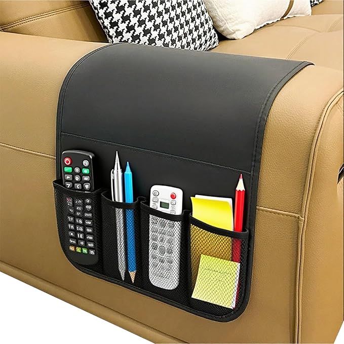 Sofa Armrest Organiser Non Slip Leather Couch Armrest Caddy Bedside Hanging Pouch Sofa Arm Tray Organizer with 5 Pockets for TV Remote Holder Magazines iPad Phone (Black, one size)