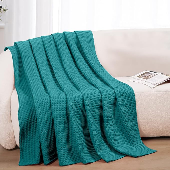 100% Cotton Blankets for Bed - Waffle Weave Blankets for Summer, Lightweight and Breathable Soft Woven Blanket for Spring (Teal, Throw (50" x 60"))