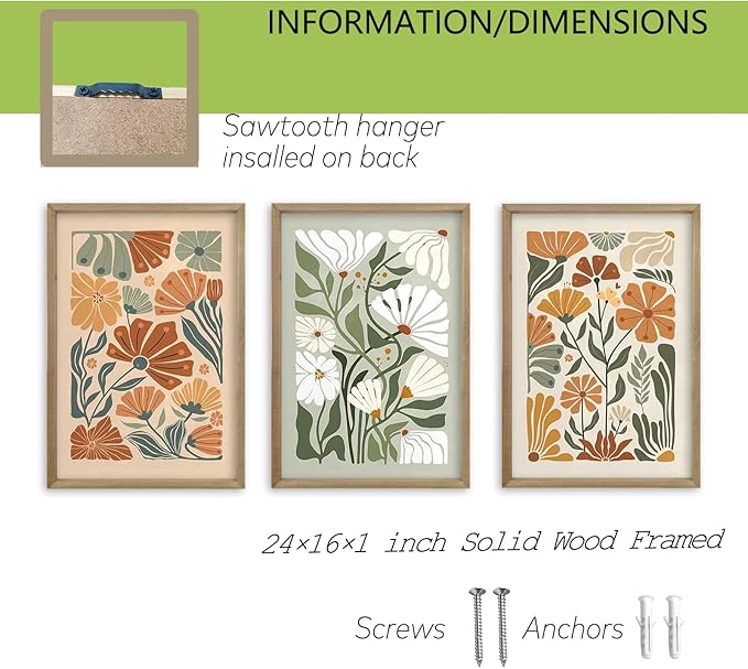 Wildflower Floral Green Botanical Wall Art Print 16"x24" Set of 3 flower Illustrations Minimalist Modern Boho Sign Wood Framed for Living Room Bedroom Office Abstract Wall Hang Decor (Wood)