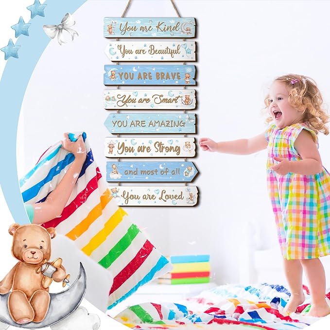 Inspirational Girl Room Decor Aesthetic Art Wall Hanging Sign Inspiring Colorful Rainbow Wooden Decoration for Kids Teens Toddler Boy Baby Bedroom Nursery Dorm Decor, 6-12 Years old (Teddy Bear)