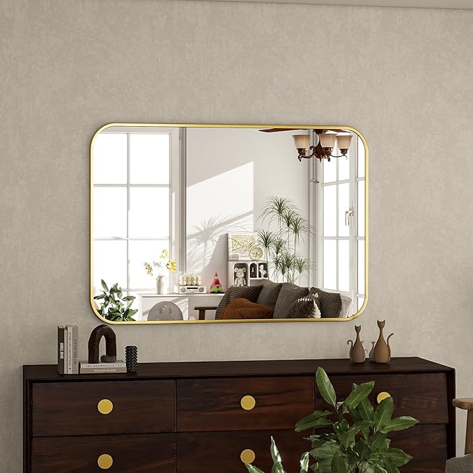 26×38 Inch Bathroom Mirror - Wall Mounted Vanity Mirror with Round Corner Aluminum Alloy Frame, Hanging Horizontally Vertically for Living Room, Bedroom, Hallway as Home Decor, Gold