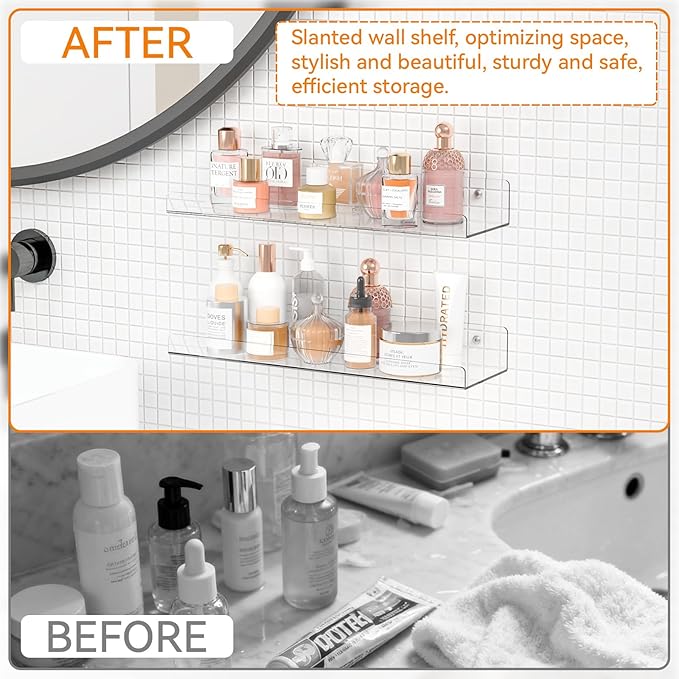 Yieach 2 Pack 15" Acrylic Shelves for Wall,Bathroom,Bedroom - with Adhesive - No Drilling Clear Floating Shelves for Funko Pop,Lego,Action Figures,Nail Polish,Perfume Shelf and Wall Storage & Display