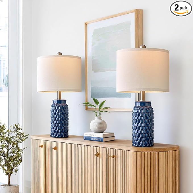 20.5" Small Bedside Lamps Set of 2 with 5FT Cord, Blue Ceramic Modern Farmhouse Table Lamps for Nightstand, Living Room, Bedroom, 3D Honeycomb Stylish End Table Lamps(Bulb Not Included)
