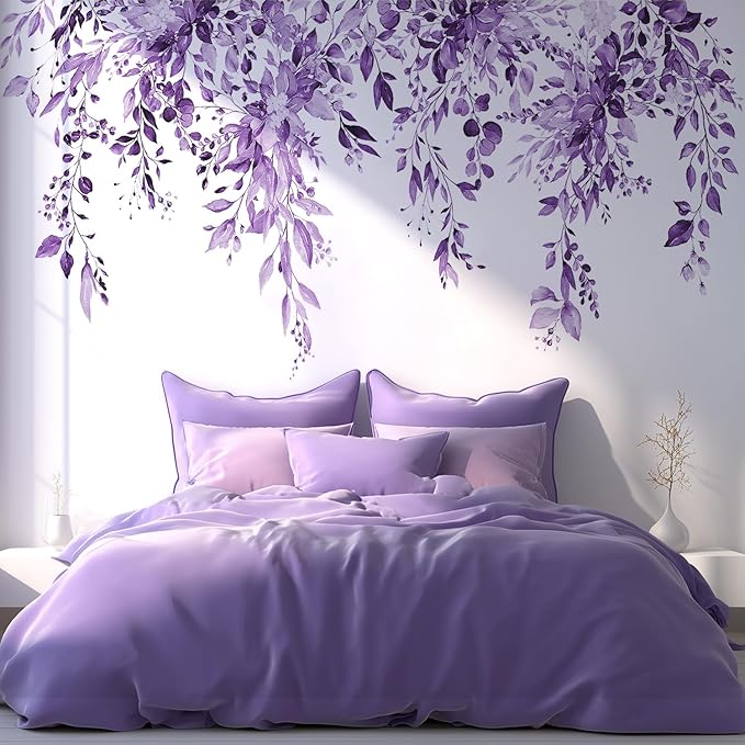 Purple Plants Leaves Wall Decals Peel and Stick, Large Floral Flowers Wall Stickers, Removable Vine Home Decor Art for Bedroom Living Room Classroom Office