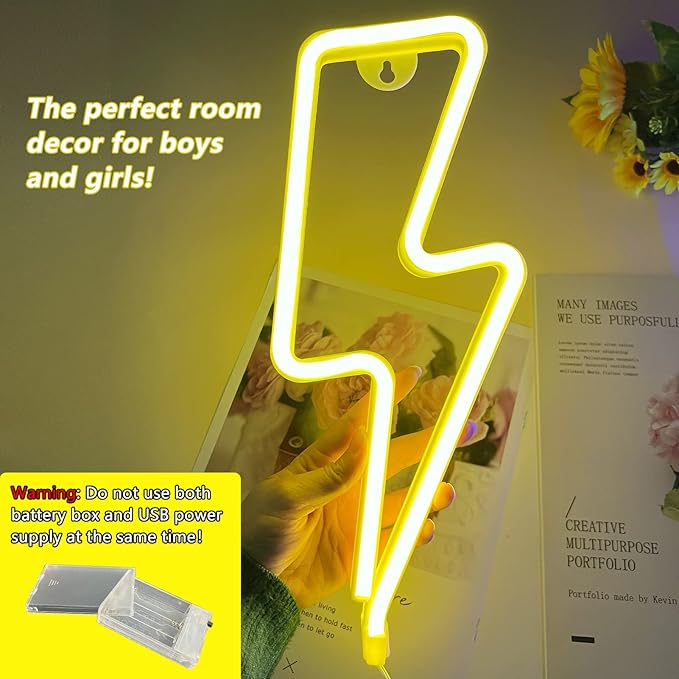 Neon Signs Lightning Bolt Neon Light Sign for Wall Decor, Battery or USB Powered Led Lightning Light Neon Sign for Bedroom, Kids Room, Birthday, Party, Wedding, Home,Kids Decorations Yellow