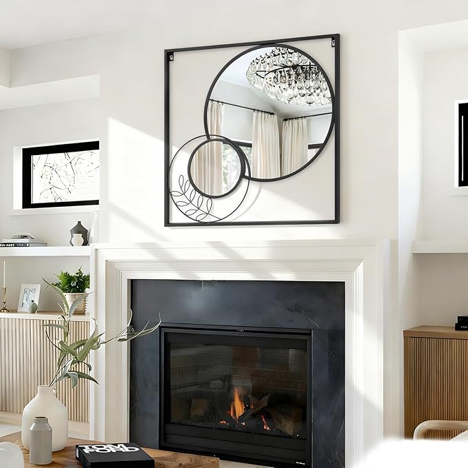 Black Large Square Mirror, Round Wall Mounted Mirror Set Circle Modern Decorative Mirrors for Living Room Bedroom Entryway 30x30 Inch Decor