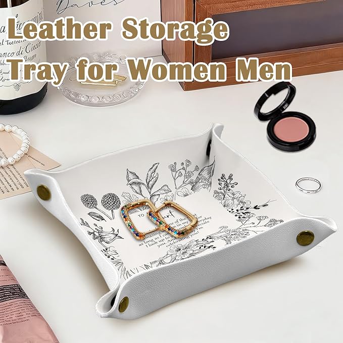 Aunt Gifts Leather Jewelry Valet Tray, Best Aunt Gifts for Christmas from Nephew Niece PU Leather Catchall Beside Caddy Nightstand Organizer Tray for Jewelry Rings Watches Keys, 7.8x7.8inch