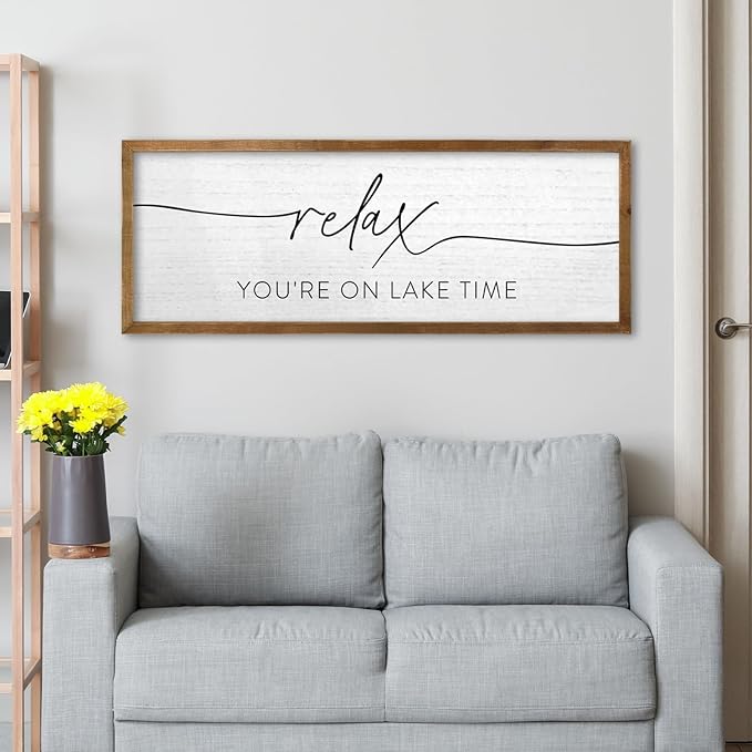 TQianJiang Relax You're On Lake Time Wall Decor 32"×12" Lakeside Quote Sign Lake House Decor for Living Room Bedroom Large Rustic Wooden Framed Wall Hanging Art (Wood)