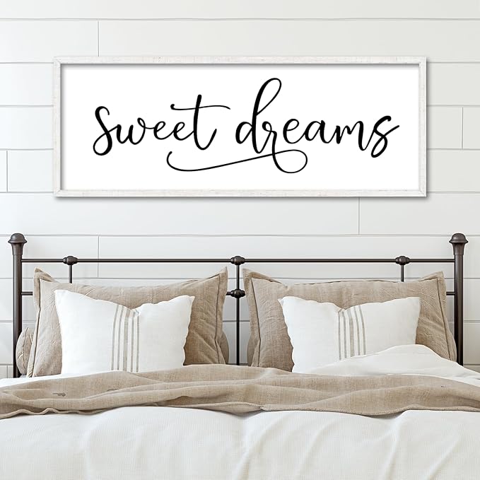 YWJKWLGS Sweet Dreams Wall Decor Sign 40x15 Inch Handwritten Art for Bedroom & Kids Room 40x15 Inch Above Over Bed Rustic Modern Farmhouse Large Wooden Framed Wall Hanging Art (White)