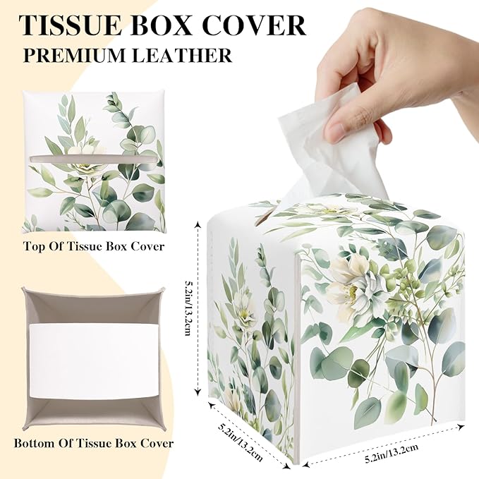 Leaves and Flowers Tissue Box Cover, Watercolor Green Tissue Holder Square with Bottom Belt for Home Bathroom Office Vanity Countertop, Housewarming Gifts Ideas for Women Friends Mom Bestie -01