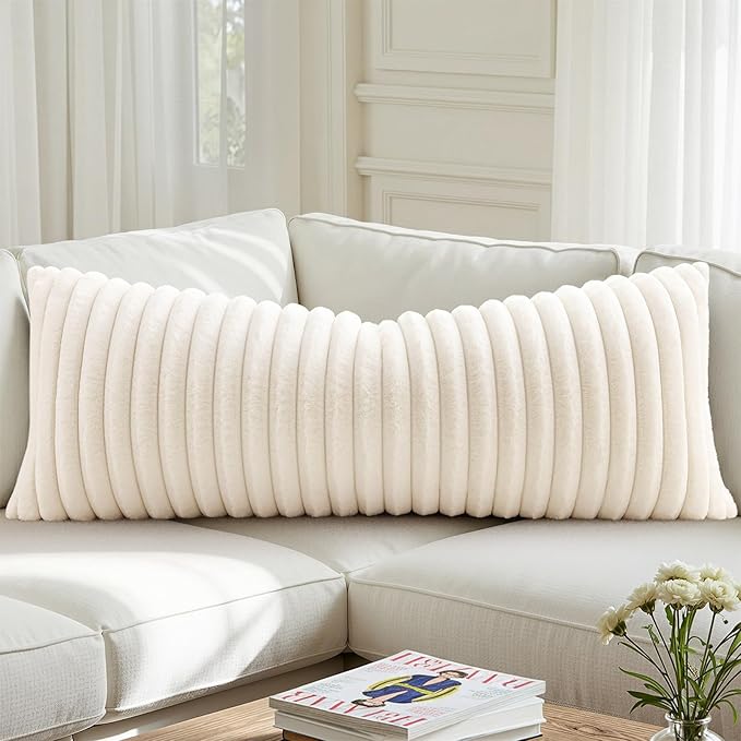 decorUhome Summer Cozy Faux Fur Throw Pillow Covers 14x36 Set of 1 Decorative Soft Plush Striped Lumbar Modern Farmhouse Boho Couch Pillow Cases with Velvet Back for Sofa Bed Living Room, Cream White
