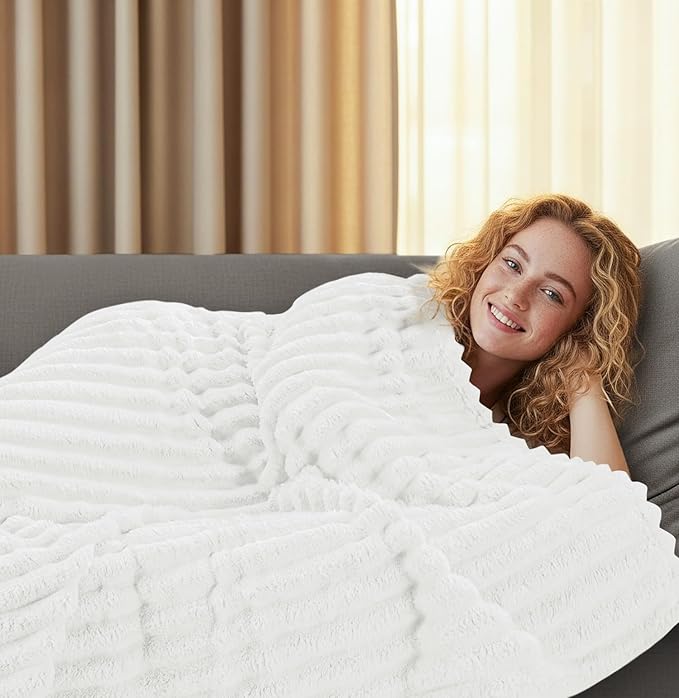 Utopia Bedding Off White Striped Fleece Blanket King Size – Fluffy, Warm & Lightweight Ribbed Throw for Bed, Sofa & Chair - Soft Cozy Blanket for Home Décor & Gifting (90x102 Inches)