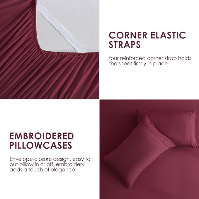 JSD Burgundy Twin Sheet Set with Side Pocket Corner Straps, 3 Piece Soft Kids Microfiber Bed Sheets Extra Deep Pocket