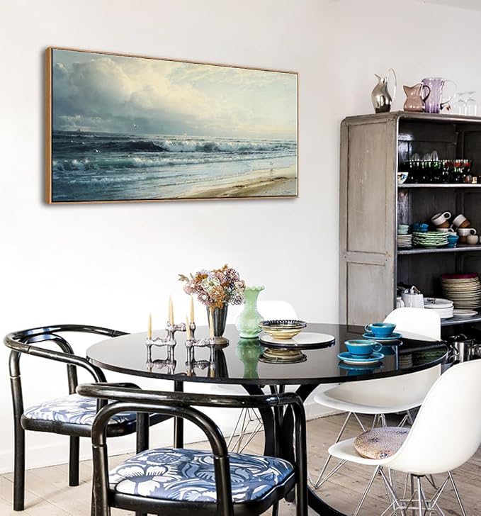 DJSYLIFE Vintage Coastal Beach Wall Art, Framed Canvas Art for Living Room Large Artwork Rockaway Beach Seascape Painting Prints Nature Ocean Waves Pictures Bedroom Above Bed Wall Decor 20"x40"