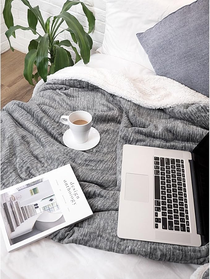 Premium Sherpa Melange Throw Blanket for Twin Bed, Couch, Sofa by Pavilia | Soft, Fluffy, Plush, Warm, Cozy | Charcoal Gray Lightweight Microfiber, Modern Luxury Reversible TV Blanket | 60 x 80 Inches