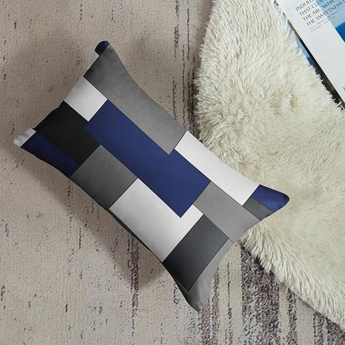 Emvency Set of 2 Dark Blue Geometric Throw Pillow Cover Black Grey White Painting Abstract Checkered Design Decorative Pillow Case Modern Home Decor Standard Square 12x20 Inch Cushion Pillowcase
