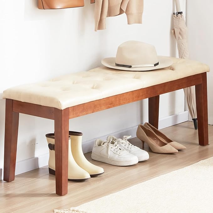 Ottoman Bench Upholstered Padded Seat with Solid Wood Legs and Button-Tufted, Faux Leather Ivory