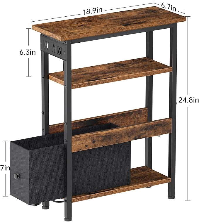 Narrow Side Table with Charging Station and LED Light, End Table with 1 Fabric Drawer, Skinny Nightstand with USB Ports & Type-C, Slim Bedside Table for Bedroom, Living Room, Rustic Brown