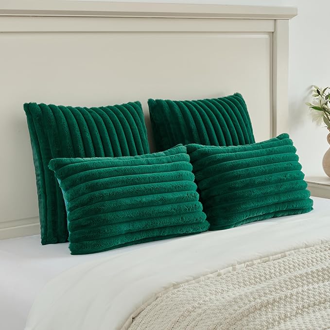 FUTEI Emerald Green Decorative Throw Pillow Covers Set of 2, 18x18 Inch Soft Fluffy Faux Fur Plush Striped Cushion Cases, Modern Home Decor for Couch Bed Living Room