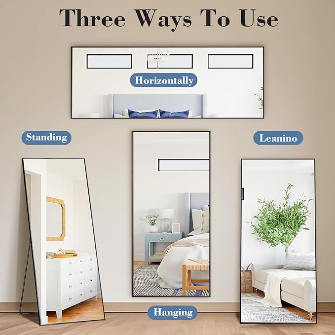 Mirror Full Length, Upgraded Body Wall Mirrors with Shatter-Proof Glass, Floor Standing, Hanging or Leaning, Tall Mirror with Stand Aluminum Alloy Frame for Bedroom