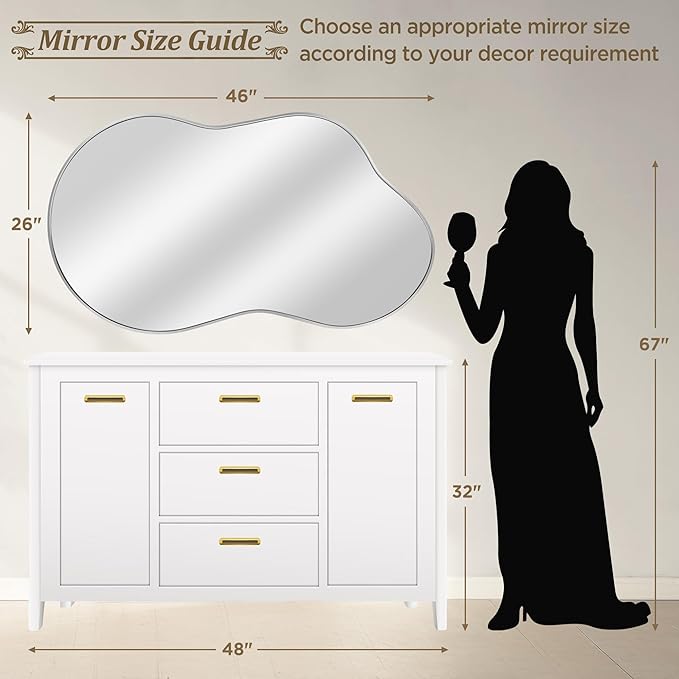 Bathroom Mirror - Silver Irregular Wall Mirrors Decorative 26"x46" Asymmetrical Tempered Glass Aviation Aluminum Alloy Frame for Vanity, Bedroom, Living Room, Cloakroom, Entryway
