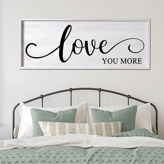 Love You More Decorative Rustic Sign & Plaque Framed Wall Art for Couples, 40''×15'' Vintage Cottagecore Wooden Horizontal Love Quote Home Decor Above Bed for Living Room, Farmhouse Wedding Gift